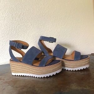 Blue Faux Suede Platform Sandals